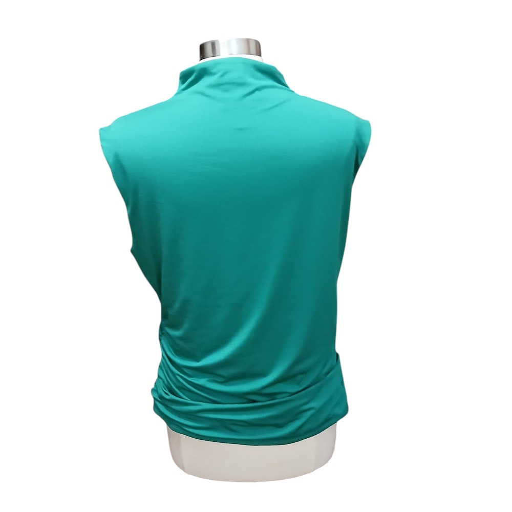 Aqua | Kelly Green Ruched Fitted Blouse with Mandarin Collar Size XL - Picture 2 of 6